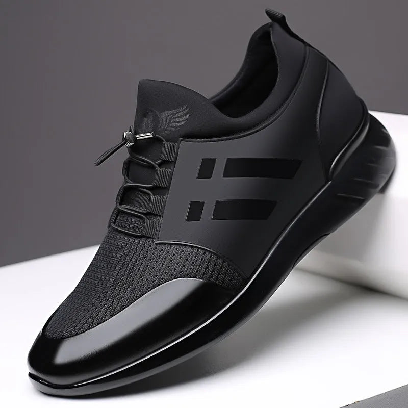 Men's black casual height increasing shoes with a chunky heel, round toe, and genuine leather upper.