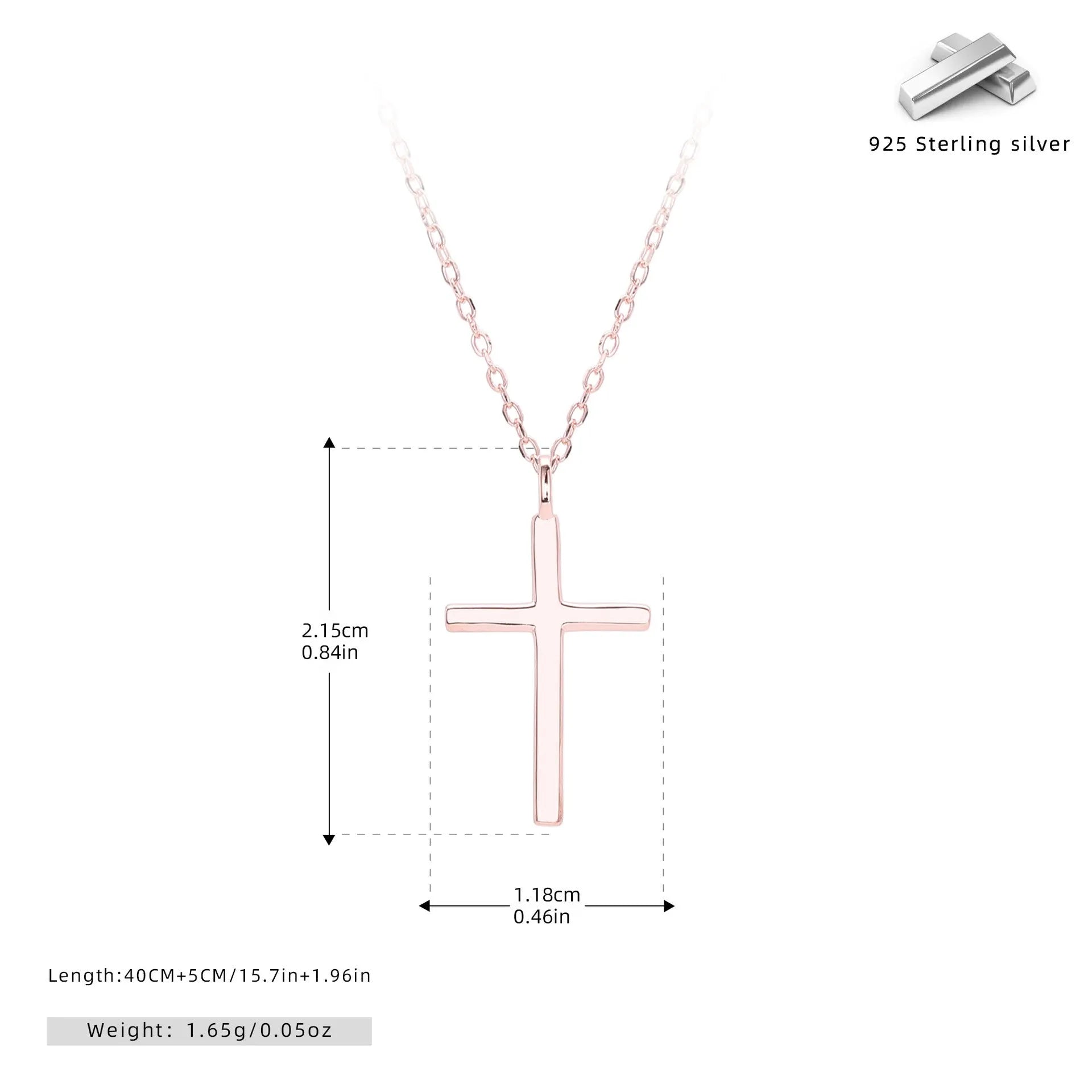 S925 sterling silver necklace with a simple glossy cross pendant on an adjustable O-shaped chain.