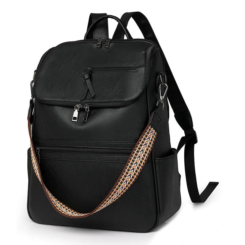 Retro style PU leather college backpack with curved shoulder straps, shown in one of six colour options.