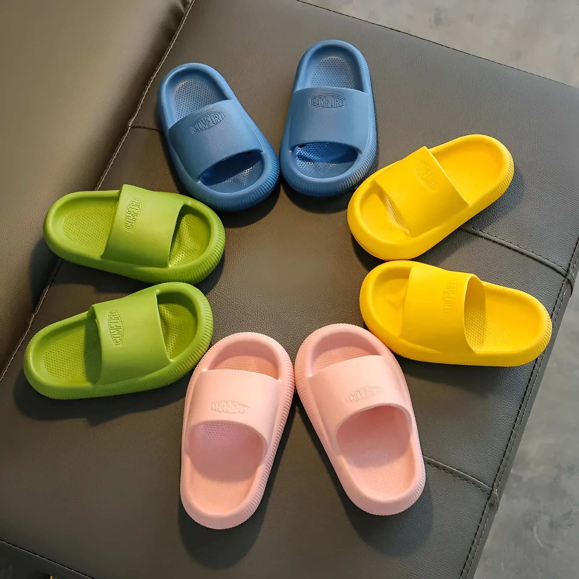 Children's mixed colour EVA slippers with non-slip soles in Blue, Green, Orange, Pink and Yellow options