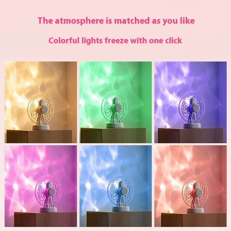 White and pink Ferris Wheel shaped Bluetooth speaker with colourful water ripple LED atmosphere lighting.