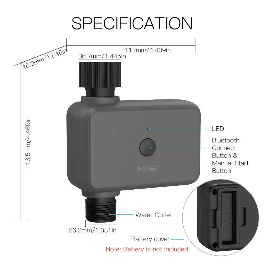 Bluetooth smart garden sprinkler timer with hose connector and smartphone showing watering app