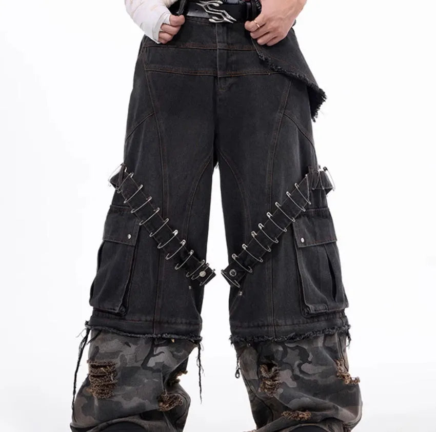 Men's grey cotton jeans with a camouflage splicing pattern, pin accents, and ribbon trim details.