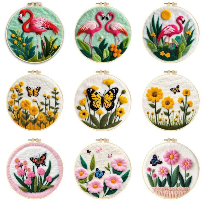 Round linen fabric embroidery kit with free hoop for making a 20x20 cm three-dimensional floral blanket painting.