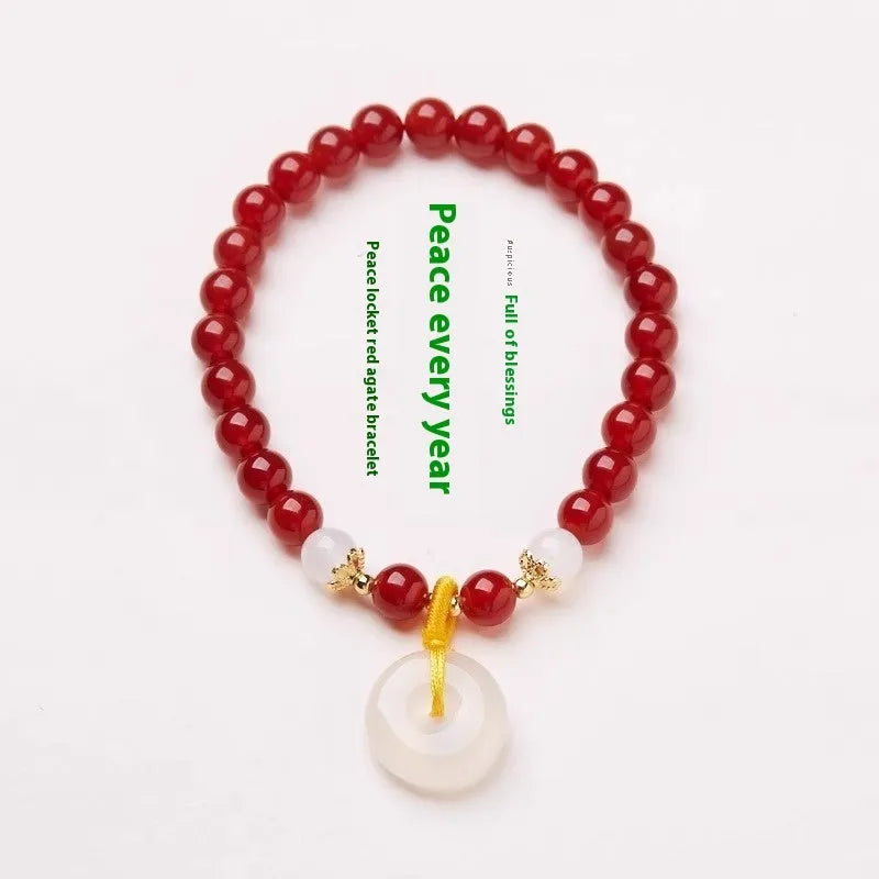 Natural jade and red agate bracelet with safety buckle clasp, Chinese-style handmade design