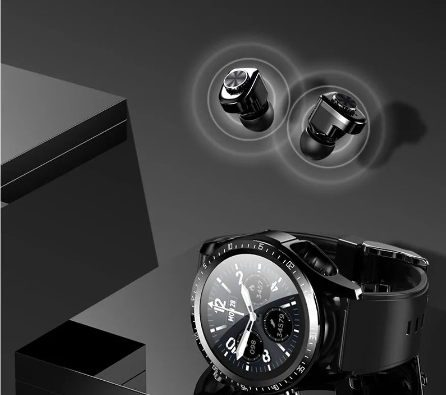 Black smart watch with blood pressure monitoring on a silicone strap, showing 1.28-inch touchscreen
