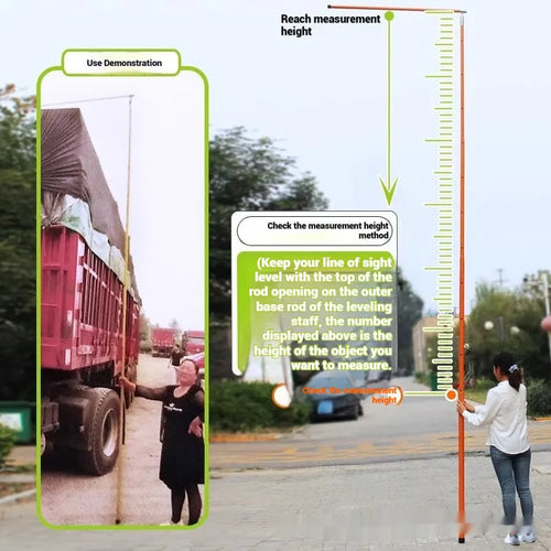 Telescopic cargo truck height measuring rod extended vertically showing printed height scale.
