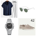 Casual loose cotton linen short sleeve suit in navy blue, shown with glasses, shoes and watch accessories