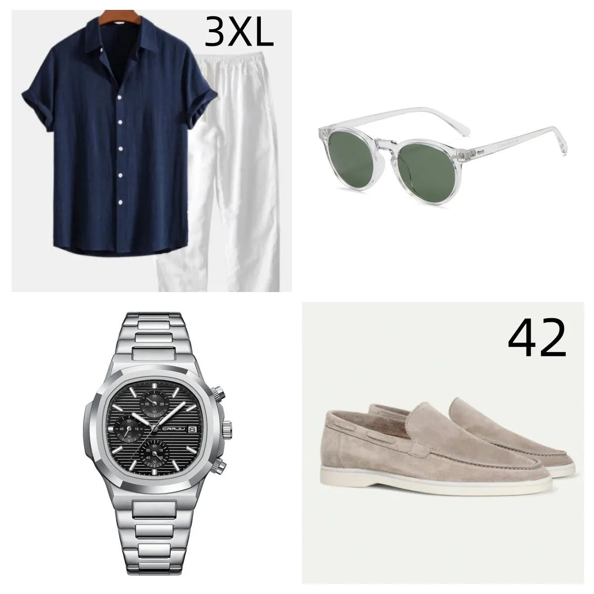 Casual loose cotton linen short sleeve suit in navy blue, shown with glasses, shoes and watch accessories