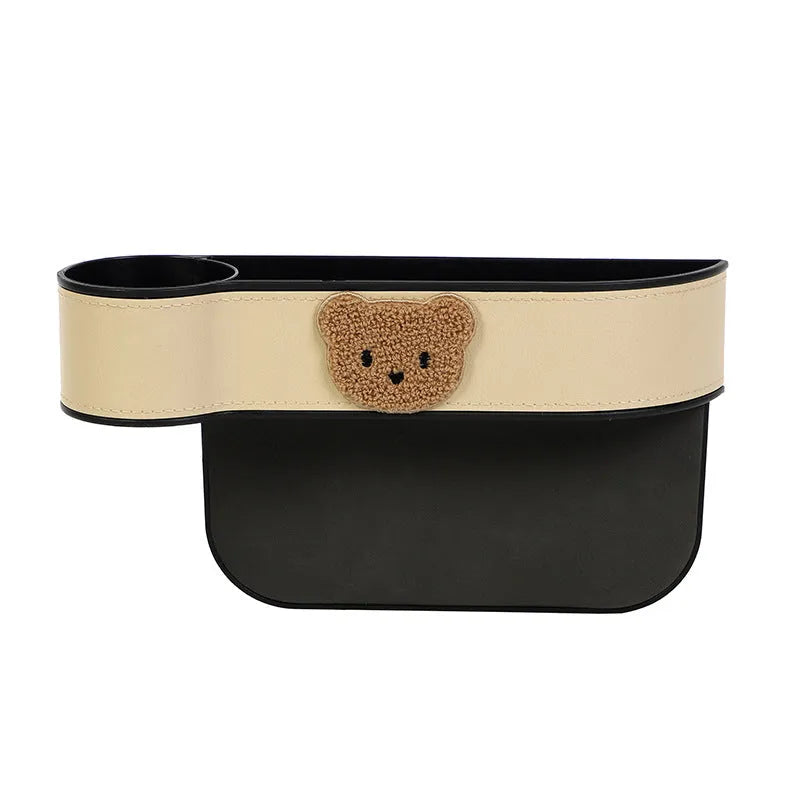 Leather car seat gap storage box with cartoon bear design for vehicle interior organisation