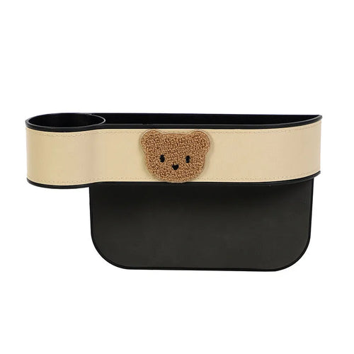 Leather car seat gap storage box with cartoon bear design for vehicle interior organisation