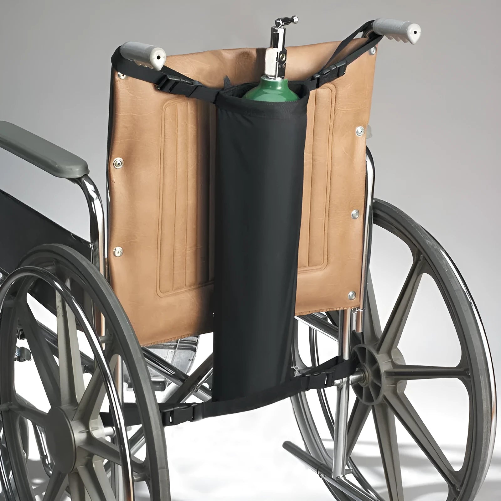 Black outdoor wheelchair pannier bag for oxygen cylinder transport in Nordic style