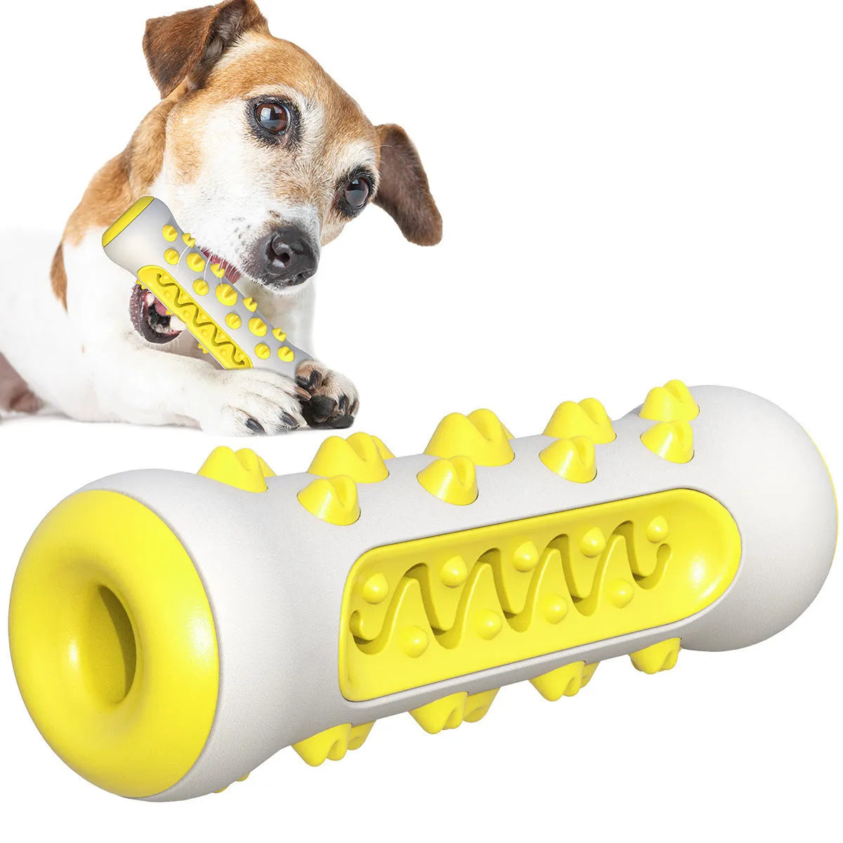 A natural rubber dog toothbrush chew toy in blue colour, showing its textured surface and stick shape.