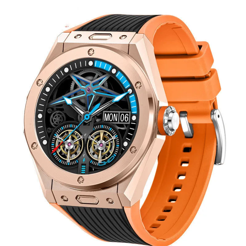 Black mv58 sports smart watch with Bluetooth calling on a silicone strap, showing health stats on its screen.