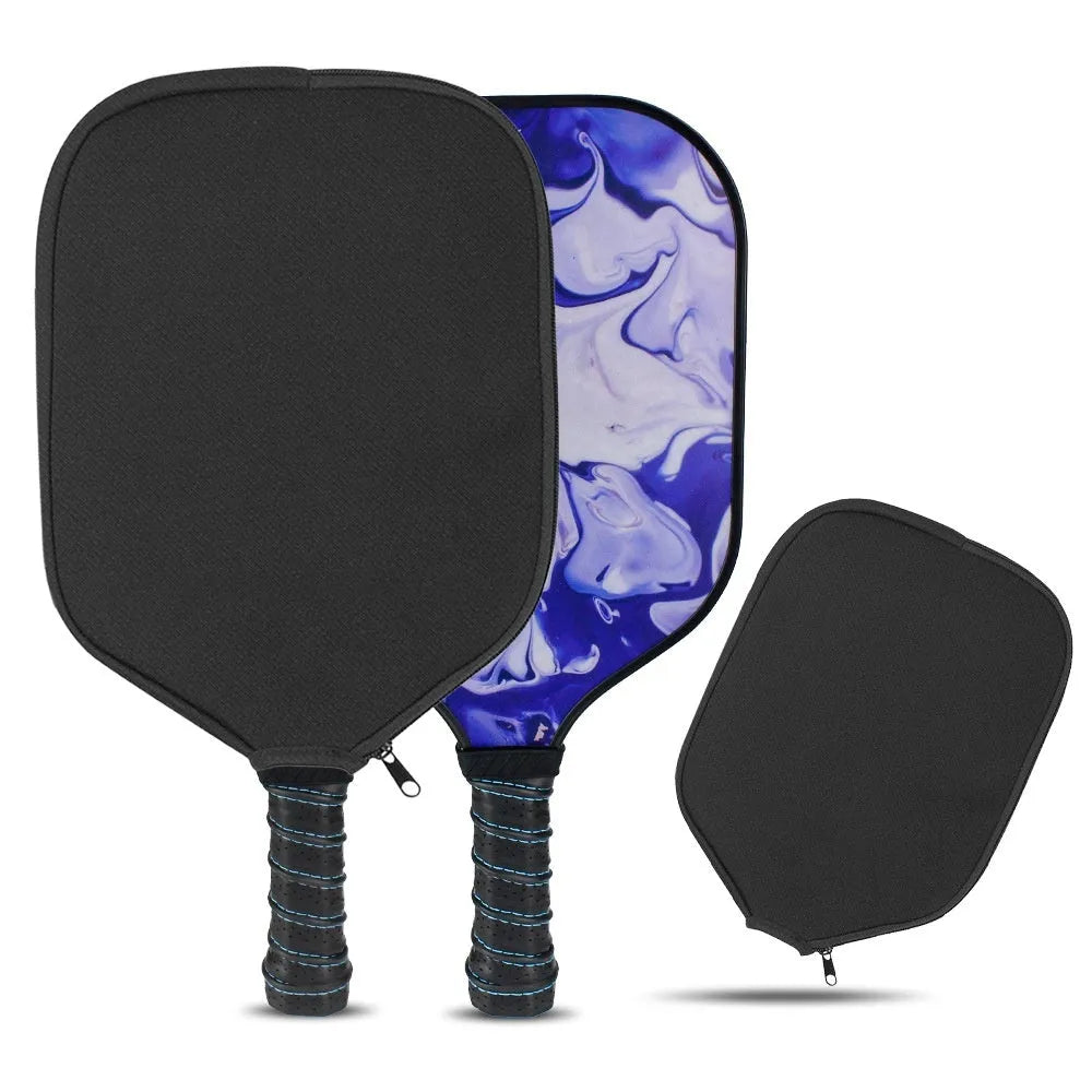 Black neoprene protective sleeve for table tennis racket on a table tennis table