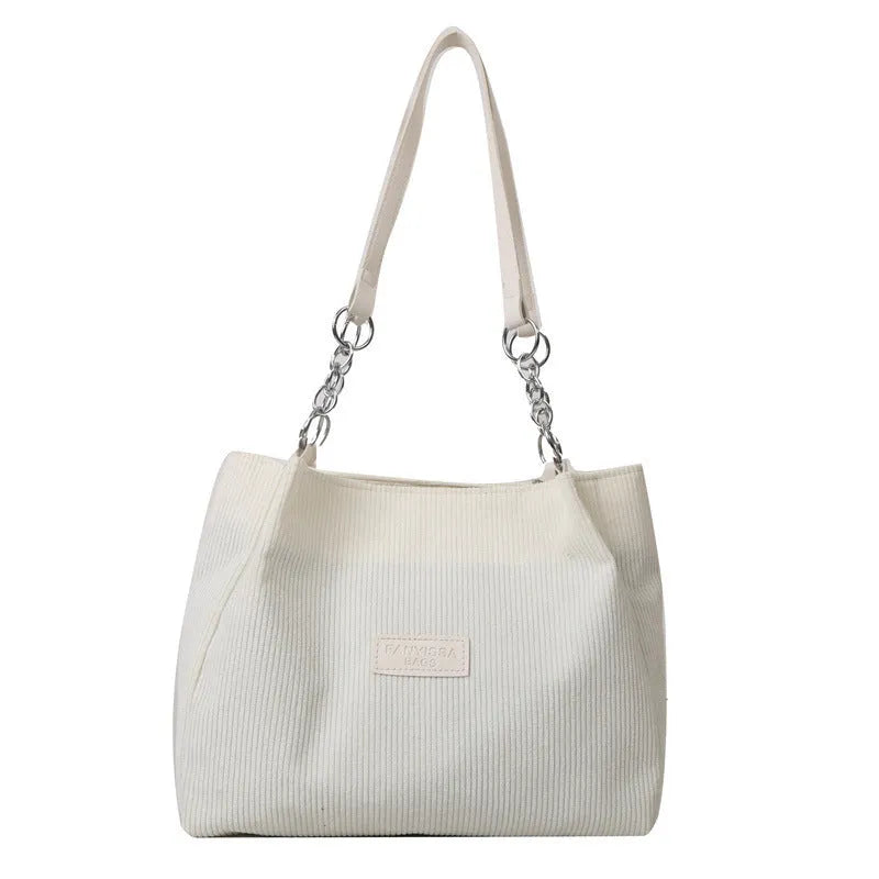 Corduroy one-shoulder tote handbag with large capacity and horizontal square design