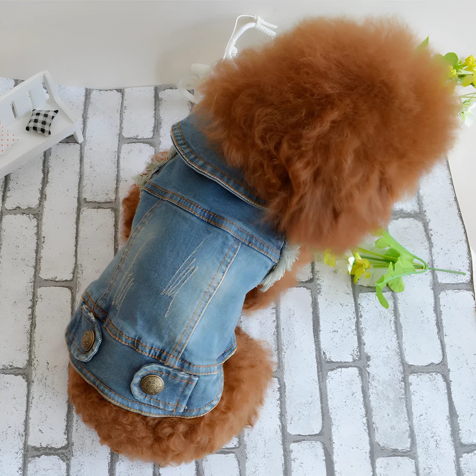 Denim dog vest with retro scratch pattern in dark and light colours for small breed dogs