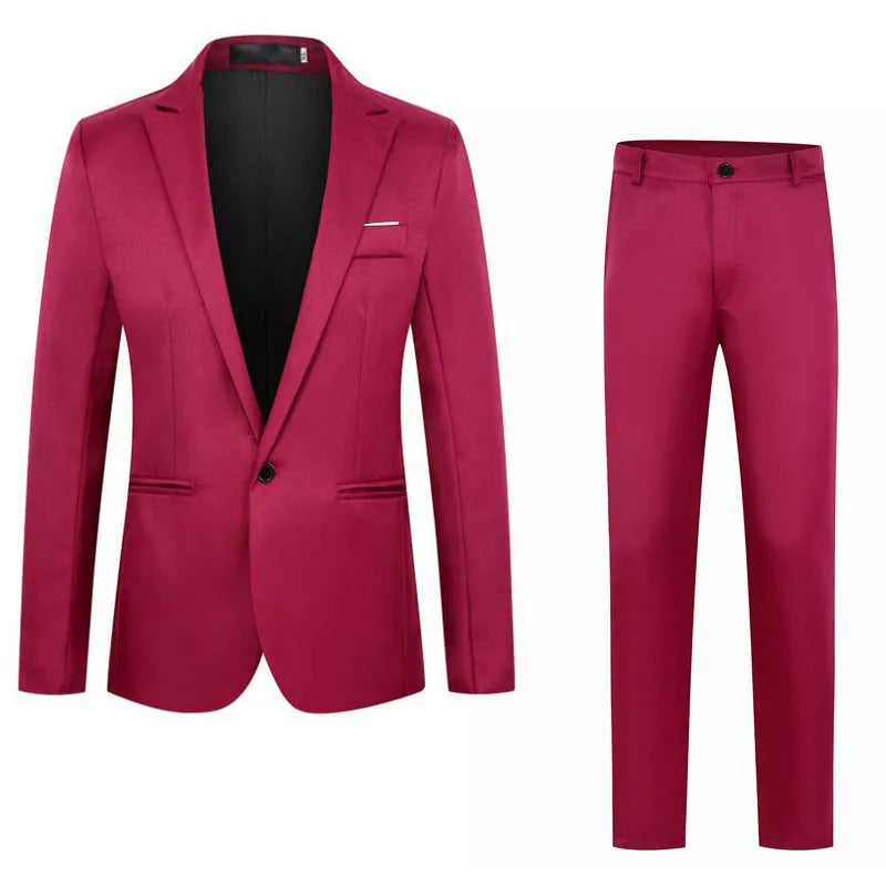 Men's loose fit acetate fibre wedding suit jacket in multiple colours on a size chart background