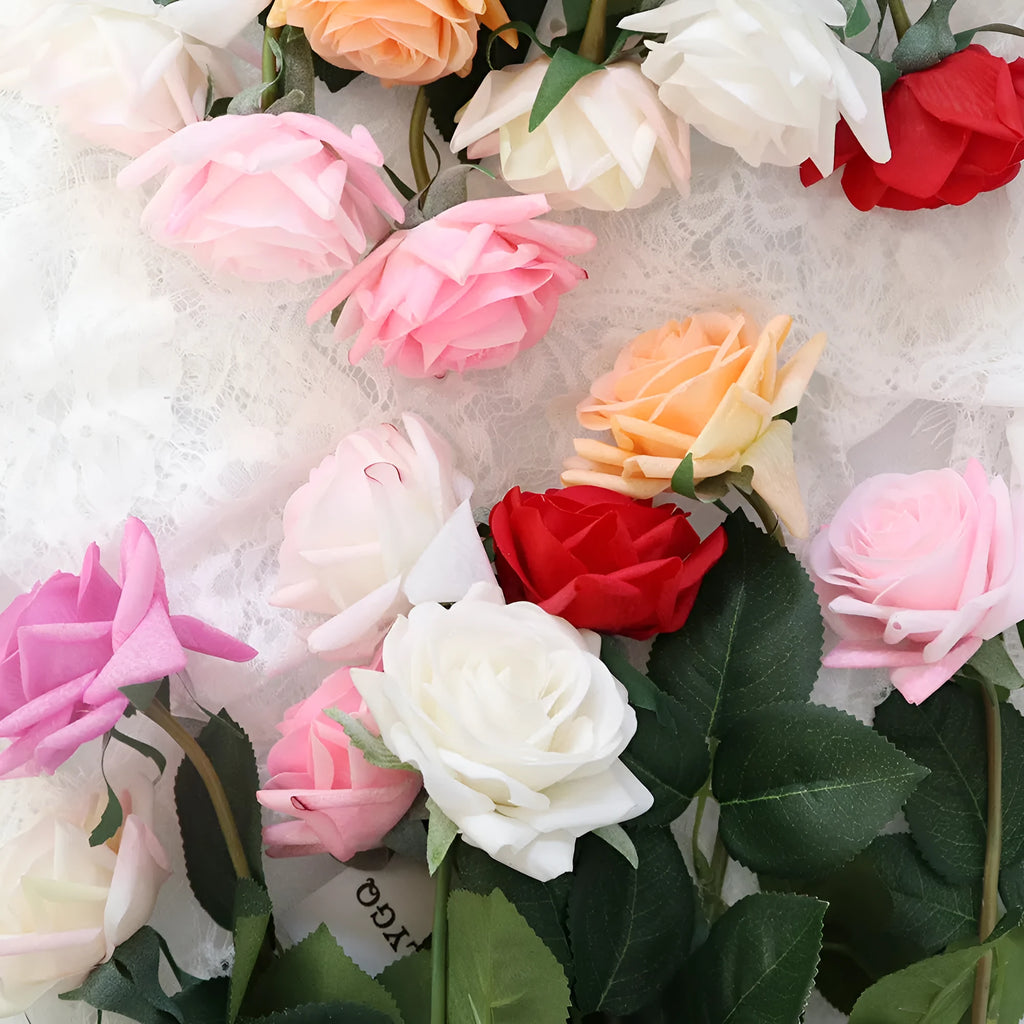Silk artificial rose bouquet with 8.5cm flower heads in red, orange, white or purple fringe pink colours