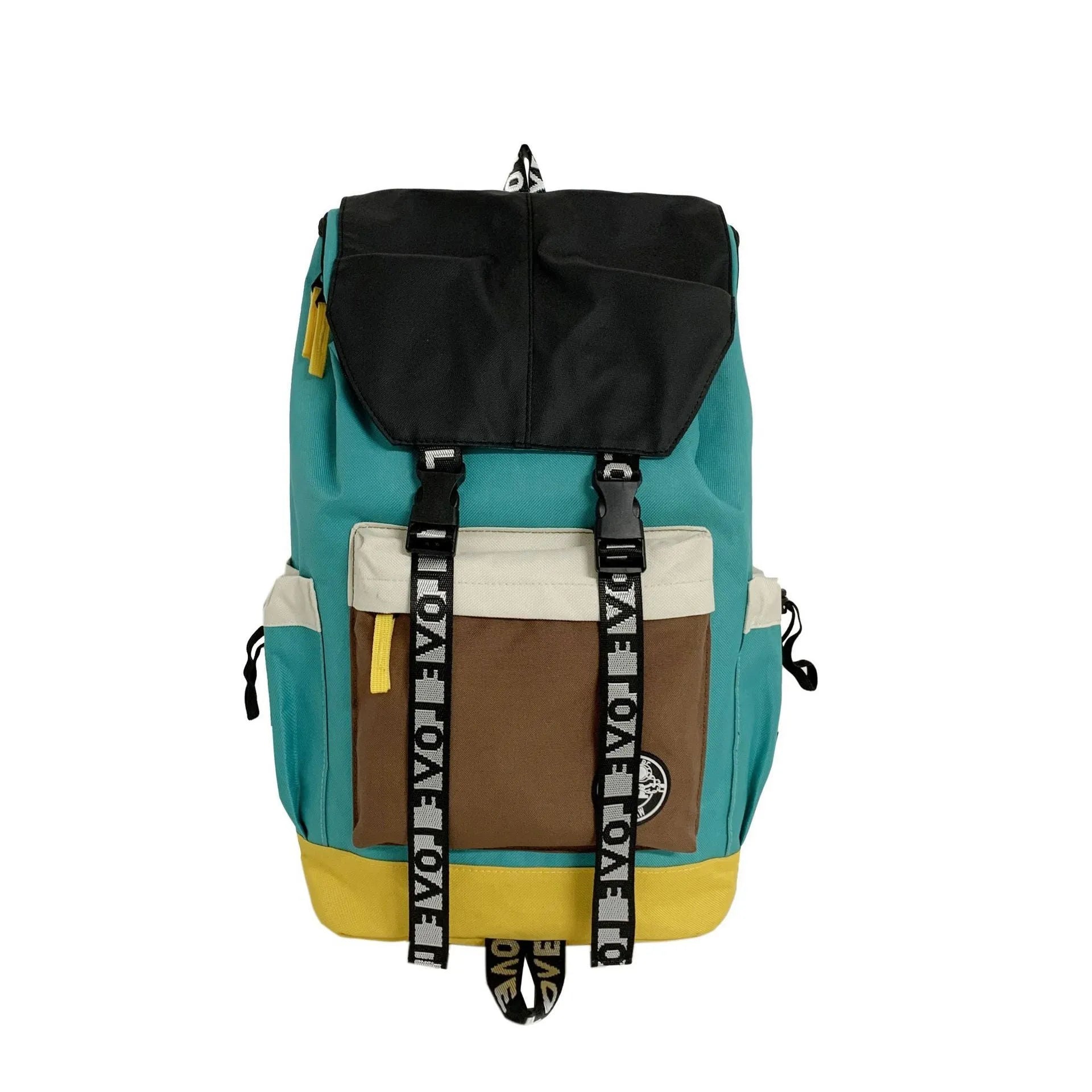Oxford cloth backpack in black, green, or red with adjustable carrying straps.