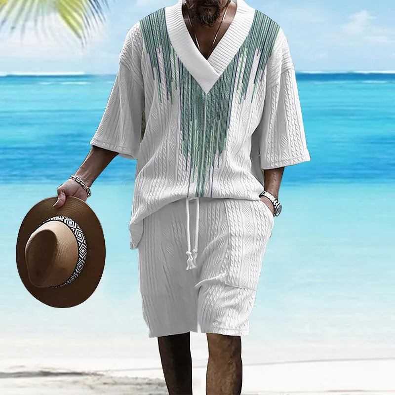Men's knitted drop-shoulder short-sleeved top and matching shorts set in a printed design