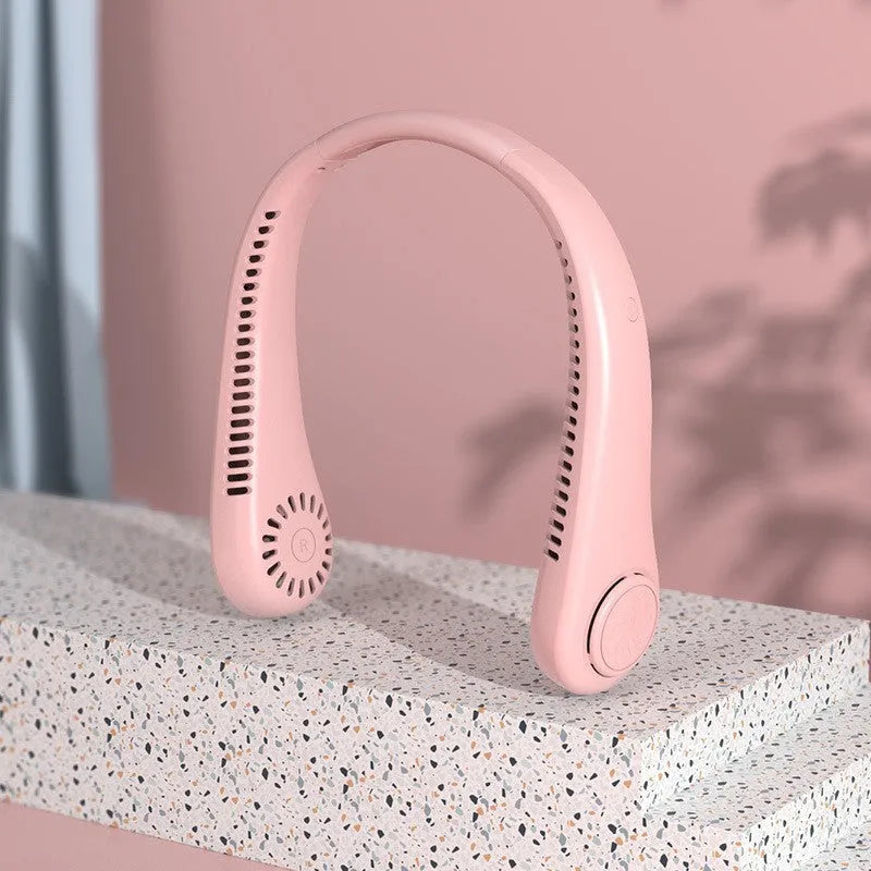 White USB rechargeable bladeless neck fan showing flexible neckband and air outlets.