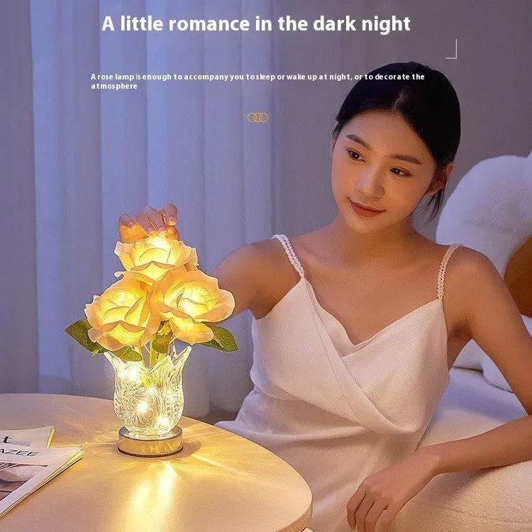 Crystal flowers decorative touch table lamp with USB charging cable on wooden bedside table