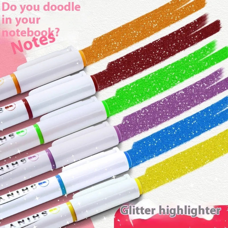 Set of four glitter fluorescent highlighter pens with slanted tips in assorted colours