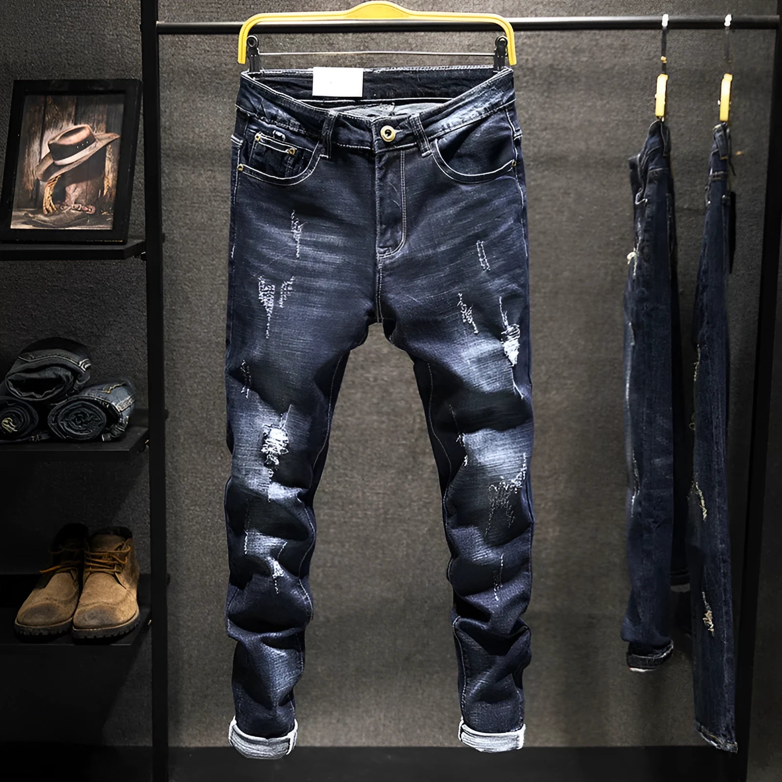 Men's skinny fit jeans in dark blue cotton denim with micro elasticity and mid-waist design