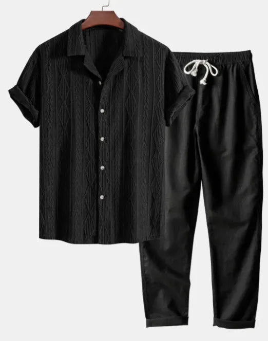Linen polyester casual suit set with digital camouflage print, showing short sleeve shirt and trousers in slim fit
