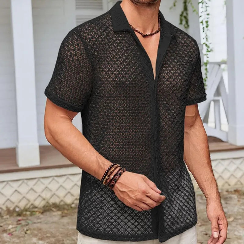 Men's solid colour short sleeve shirt with a lapel collar, shown in milky white.