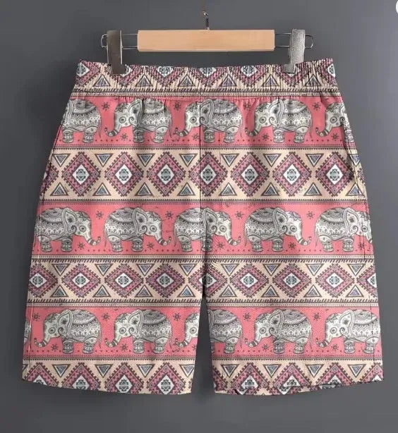 Men's polyester outdoor sports shorts in multiple patterns including stripes and camouflage