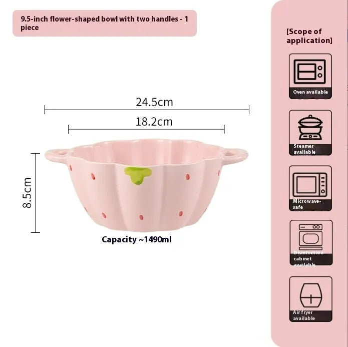 Porcelain dinnerware set with strawberry design showing plates, flower bowls, and twist spoon