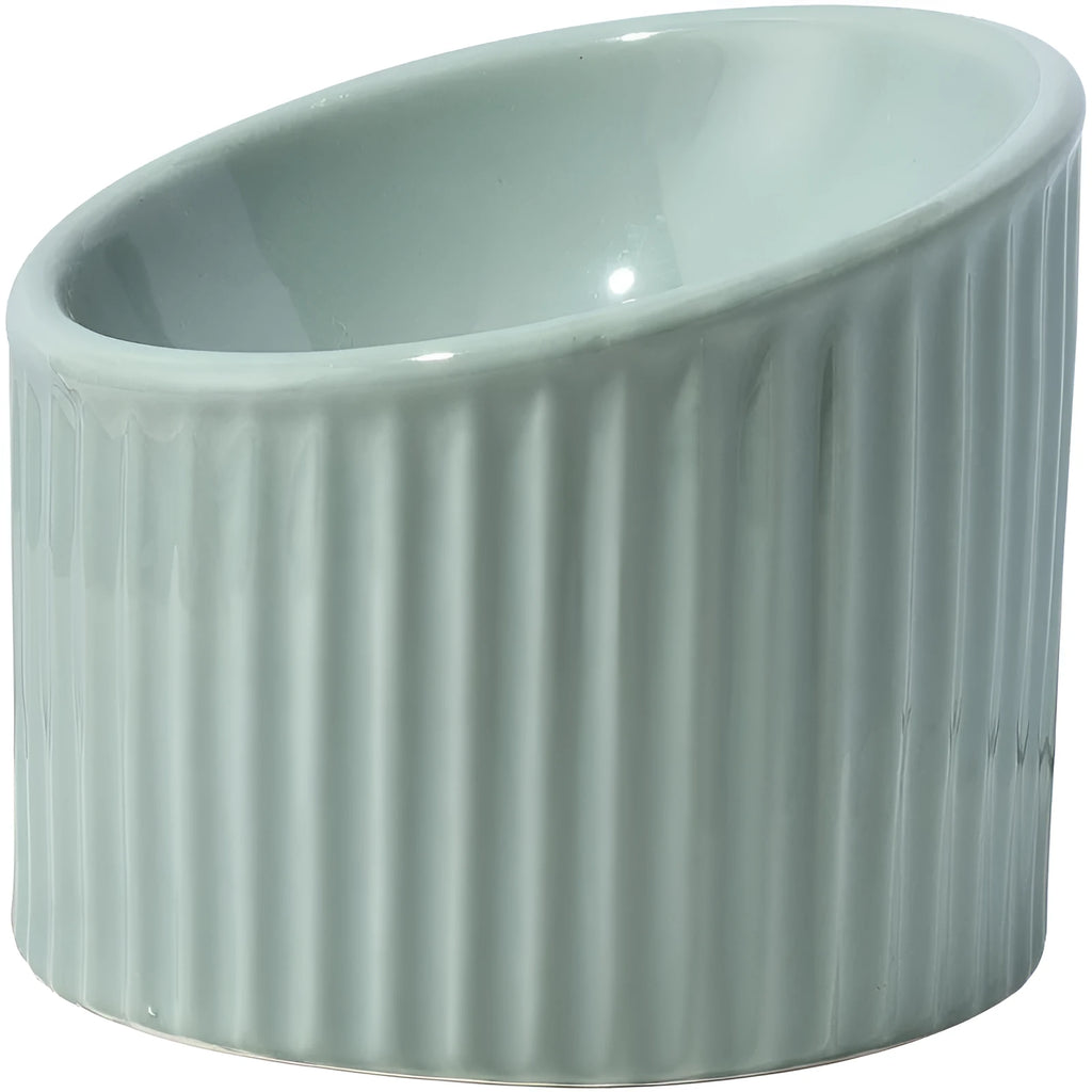 Elevated ceramic cat bowl in green colour with tilted design for whisker-friendly feeding