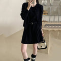 Women's grey vest skirt and cardigan two-piece set with belt and pleated details