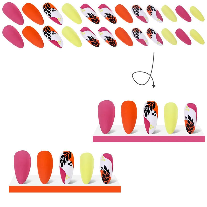 Almond-shaped false nail stickers showing French colourful leaves, gradient leopard print, star flash macaron and colourful plating designs