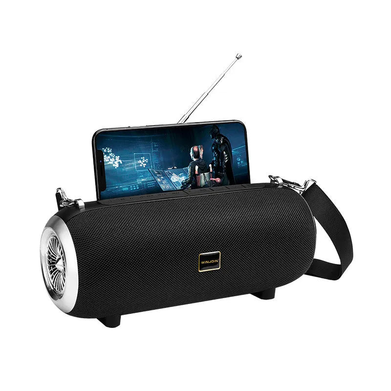 F666 mini square fabric Bluetooth speaker with shoulder strap in black, blue, camouflage, or red.