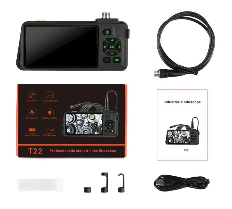 Handheld industrial endoscope with 4.5-inch colour screen and 1-metre probe for automotive inspection.