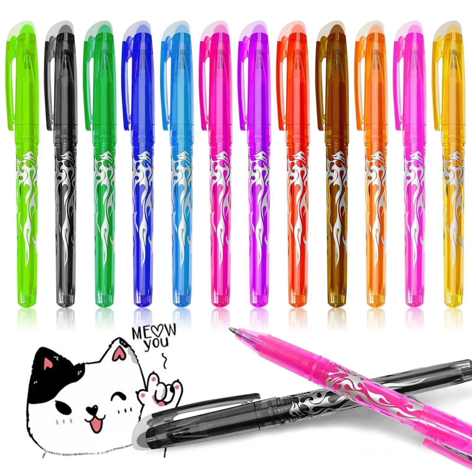 Set of hot erasable gel pens with plastic bodies and stainless steel nibs, showing multiple coloured barrels.