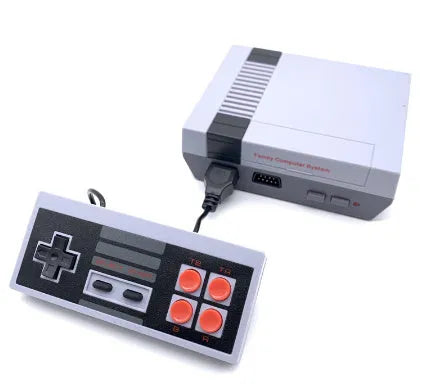 NES retro game console with two controllers showing compact design and AV connection