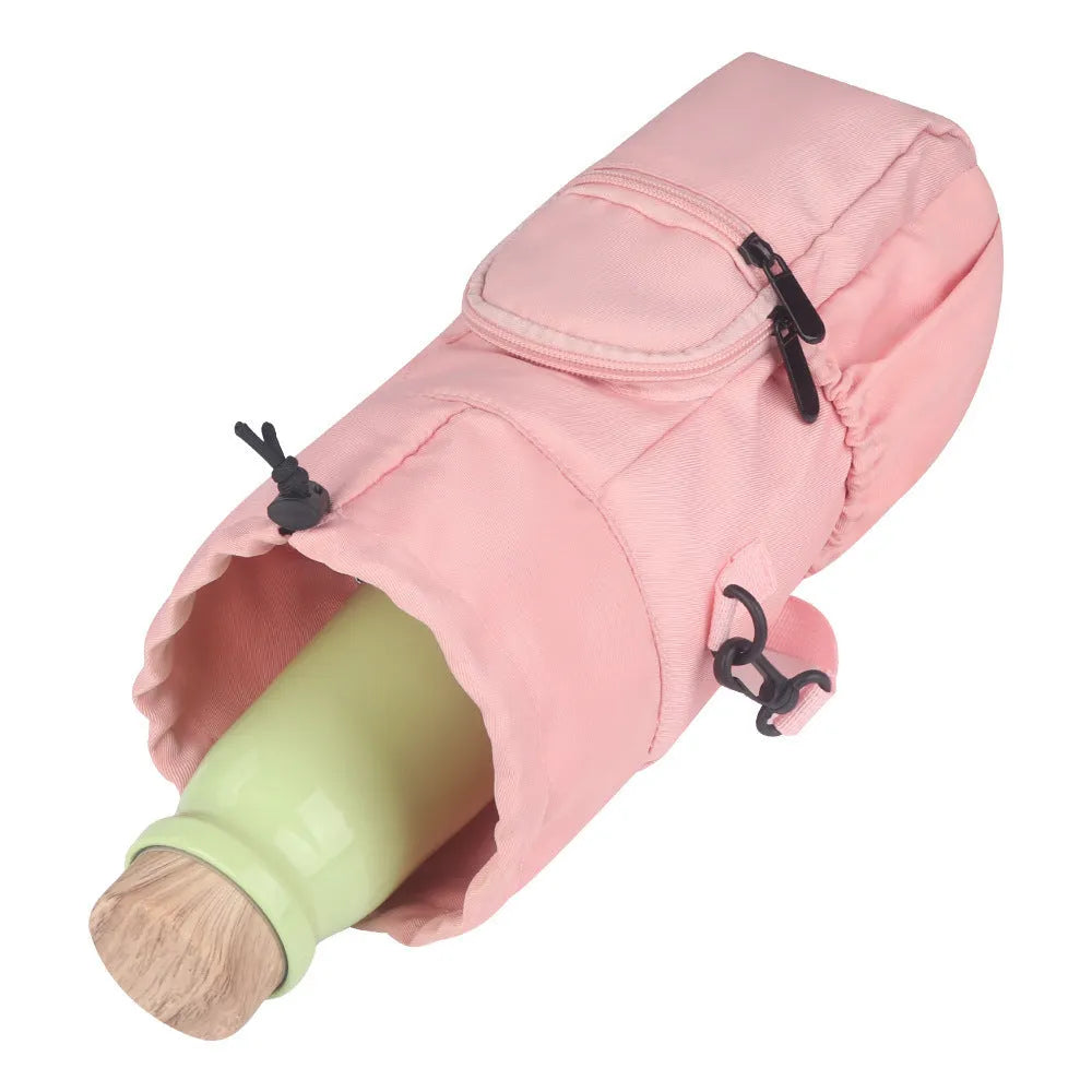 Cloth water bottle shoulder bag with crossbody strap in black, green, or pink colour