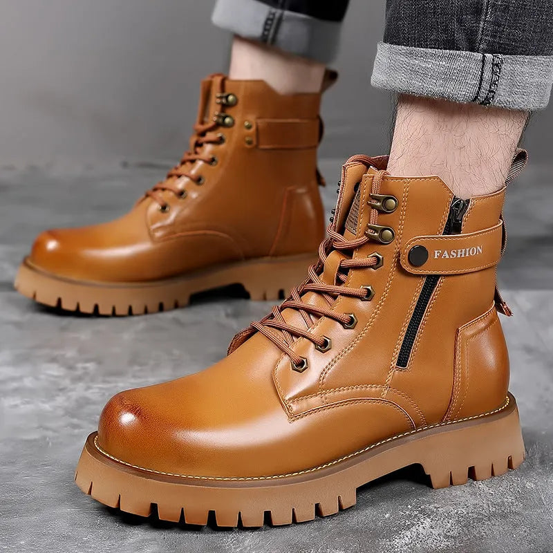 Mens light brown high-top Martin boots with side zipper and thick rubber sole