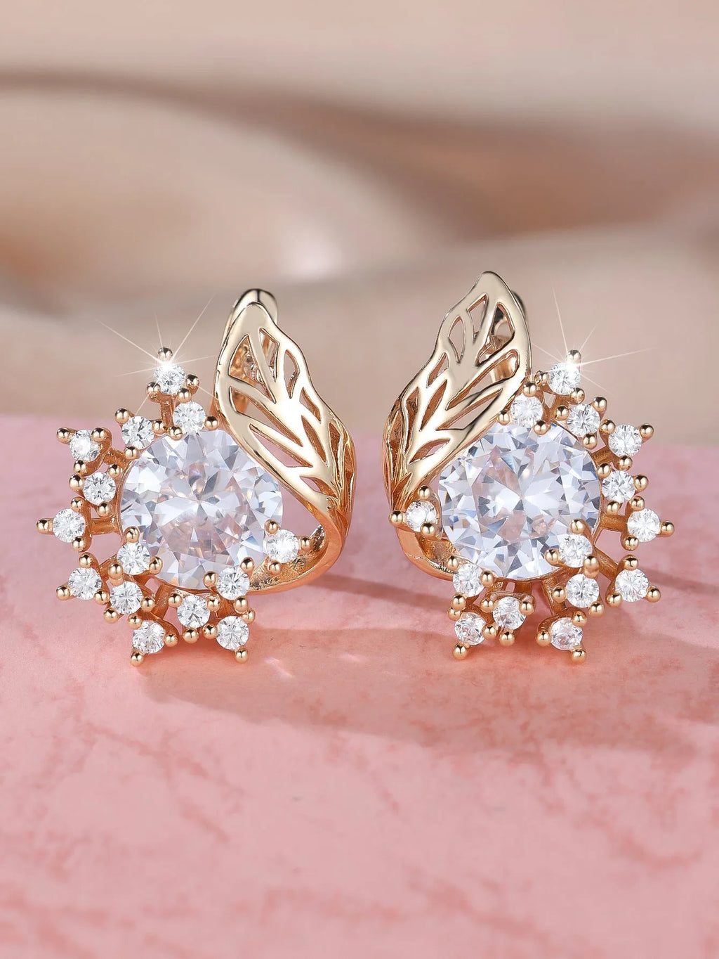 Round flower feather zircon drop earrings in champagne gold with six colour options