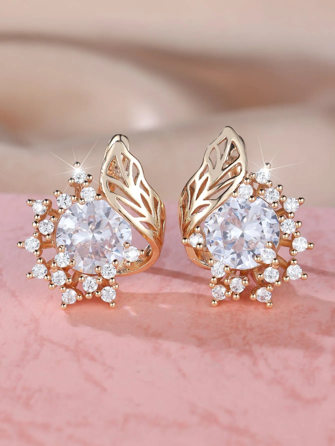 Round flower feather zircon drop earrings in champagne gold with six colour options