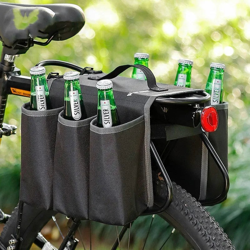 Bicycle double-sided drink storage bag in black showing 2 litre capacity and 600D PVC construction