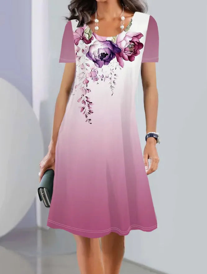 Women's floral print mid-length dress with short sleeves and round neckline in ice silk fabric