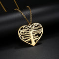Custom silver necklace with hollow heart and life tree pendant engraved with names on a 50cm chain.