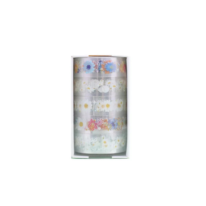 Transparent adhesive tape with midsummer daisy cartoon design on 5 rolls showing 1.5cm width
