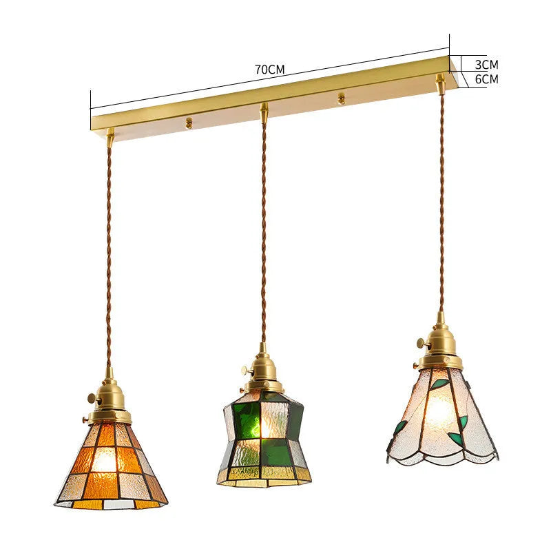 Japanese retro brass and glass chandelier with hand-blown shades, walnut wood accents, and hemp rope light line