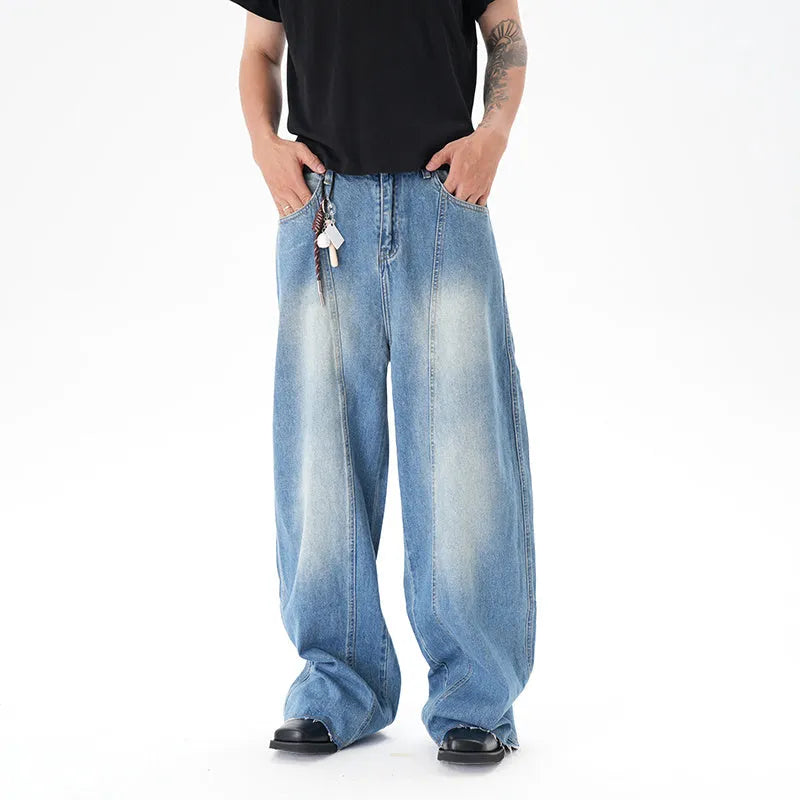 Light blue vintage washed wide leg jeans with zipper closure on mannequin